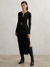 Buttoned Rib-Knit Midi Dress Black | Womens