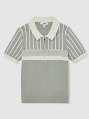 3-9 yrs Cotton Stripe Knit Half-Zip Polo Shirt Sage Green/Off White | Children