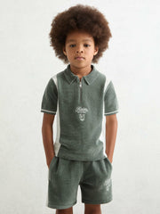 3-9 yrs Chenille Tipped Motor Cars Polo Shirt Dark Sage Green/White | Children