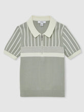 13-14 yrs Cotton Stripe Knit Half-Zip Polo Shirt Sage Green/Off White | Children