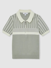 13-14 yrs Cotton Stripe Knit Half-Zip Polo Shirt Sage Green/Off White | Children