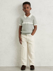 13-14 yrs Cotton Stripe Knit Half-Zip Polo Shirt Sage Green/Off White | Children