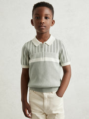 13-14 yrs Cotton Stripe Knit Half-Zip Polo Shirt Sage Green/Off White | Children
