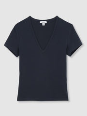Stretch Cotton V-Neck T-Shirt Navy | Womens