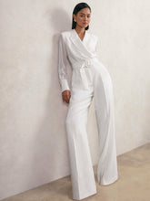 Sheer-Sleeve Wide-Leg Tuxedo Jumpsuit Ivory | Womens