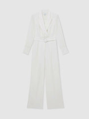 Sheer-Sleeve Wide-Leg Tuxedo Jumpsuit Ivory | Womens