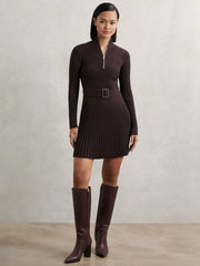 Rib-Knit Belted Half-Zip Flippy Dress Plum Purple | Womens