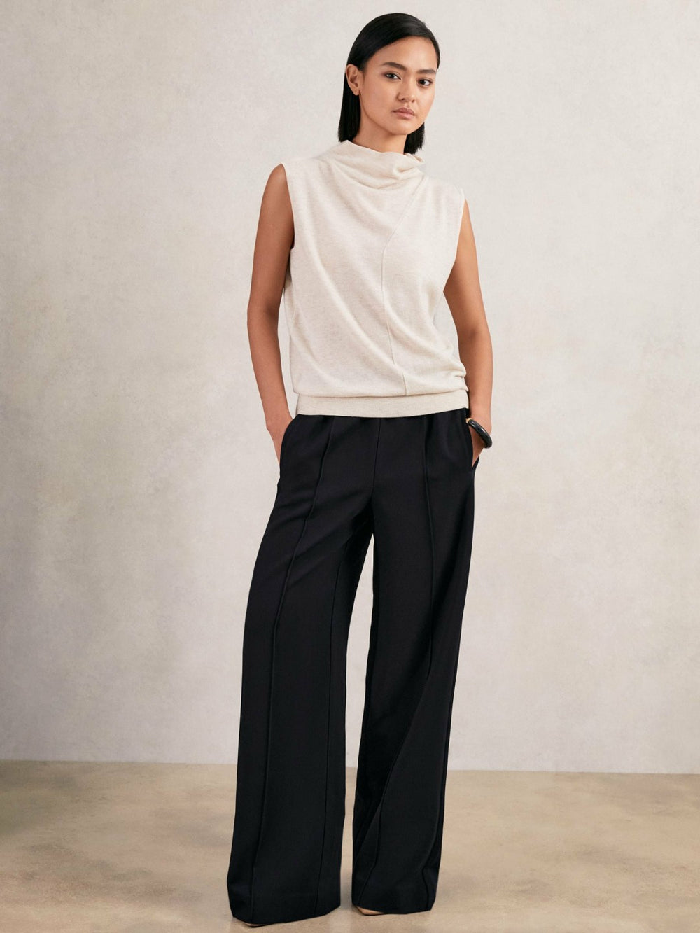 Petite Wide Leg Elasticated Waist Trousers Navy | Womens