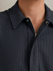 Oversized Textured Stripe Polo Shirt Petrol Blue | Mens