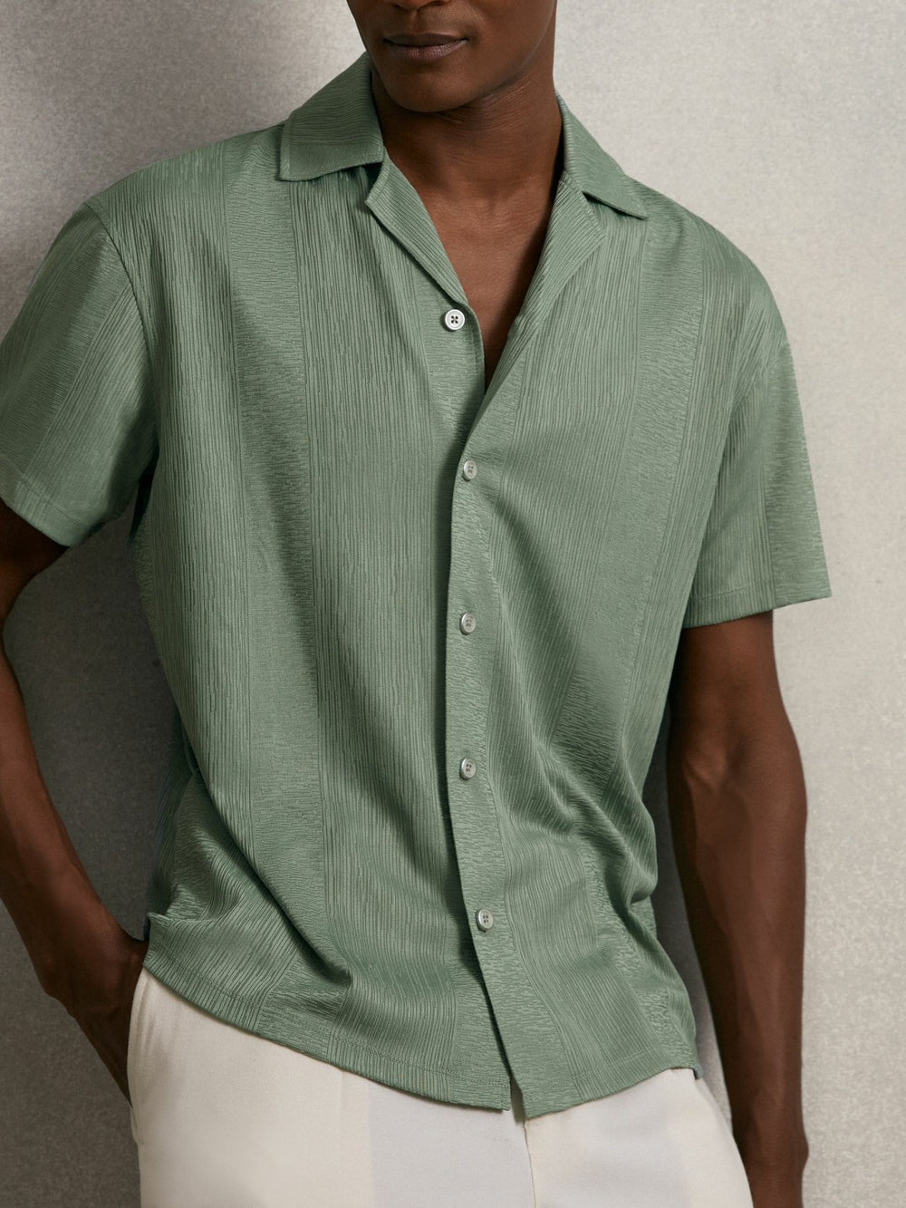 Jacquard-Stripe Cuban-Collar Shirt Mint Green | Mens
