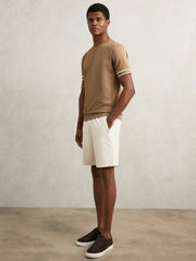Textured Crew-Neck Tipped T-Shirt Camel Brown | Mens