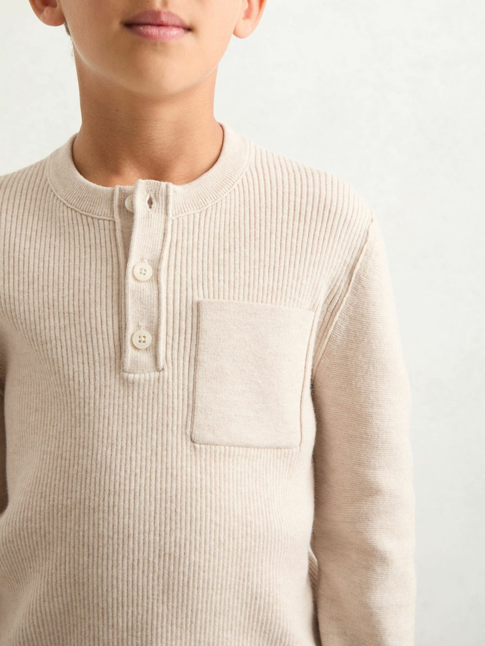 9-13 yrs Cotton-Blend Rib-Knit Henley Top Oatmeal Melange | Children