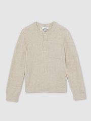 9-13 yrs Cotton-Blend Rib-Knit Henley Top Oatmeal Melange | Children