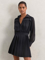 Pleated Sheer-Sleeve Mini Dress Navy | Womens