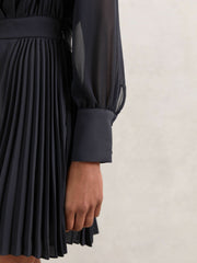 Pleated Sheer-Sleeve Mini Dress Navy | Womens