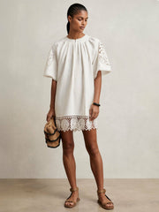 Linen Embroidered Shift Dress Ivory | Womens