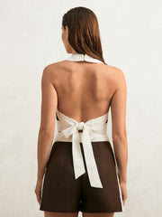 Linen Halterneck Cropped Top Chocolate/Cream | Womens