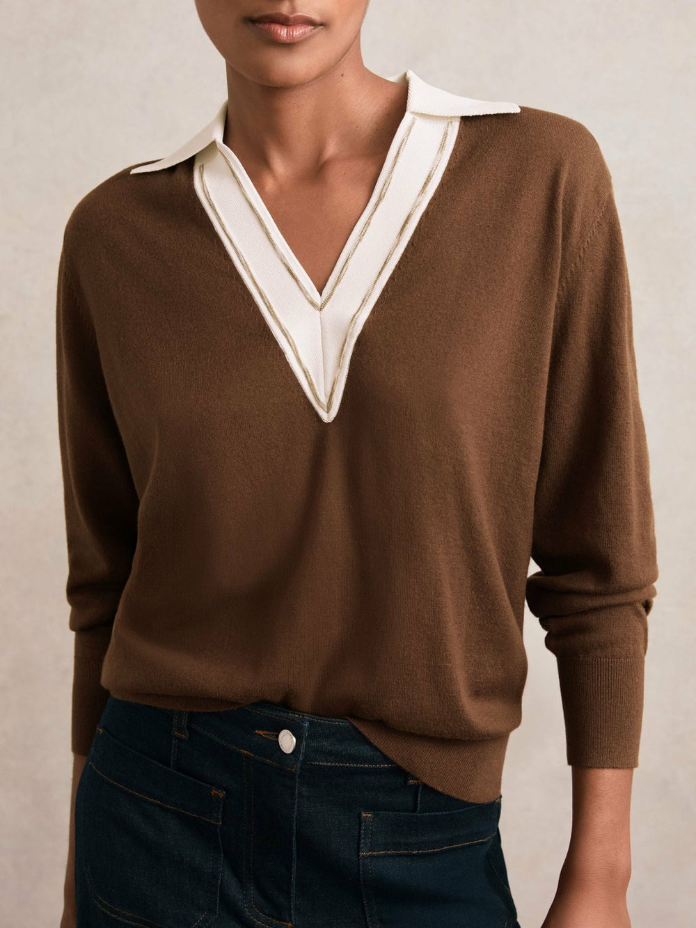 Wool Collared Cricket Jumper Chocolate Brown/Ivory | Womens