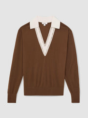 Wool Collared Cricket Jumper Chocolate Brown/Ivory | Womens