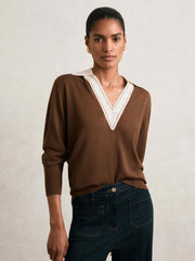 Wool Collared Cricket Jumper Chocolate Brown/Ivory | Womens