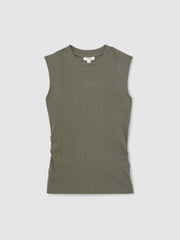 Ribbed Ruched Waist Vest Khaki Green | Womens