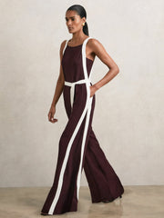 Petite Colourblock Wide Leg Belted Jumpsuit Burgundy/Cream | Womens