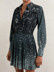 Printed Pleated Shirt Dress Navy | Womens