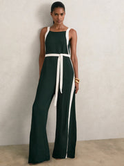Petite Colourblock Wide Leg Belted Jumpsuit Dark Green/Cream | Womens