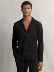 Plissé Cuban-Collar Long-Sleeve Shirt Black | Mens