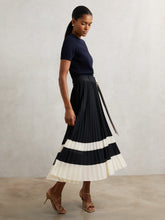 Belted Pleated Midi Skirt Navy/Ivory | Womens