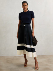 Belted Pleated Midi Skirt Navy/Ivory | Womens