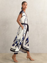 Scarf-Print V-Neck Belted Midi Dress Blue/Brown | Womens
