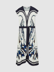 Scarf-Print V-Neck Belted Midi Dress Blue/Brown | Womens