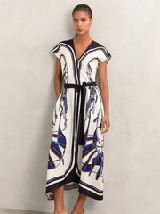 Scarf-Print V-Neck Belted Midi Dress Blue/Brown | Womens