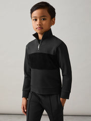 13-14 yrs Slim Fit Half-Zip Funnel Neck Velour Sweatshirt Black | Children