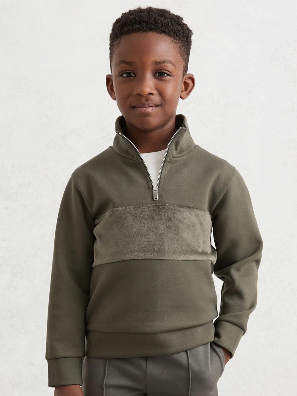 3-9 yrs Slim Fit Half-Zip Funnel Neck Velour Sweatshirt Dark Sage Green | Children