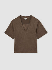 Linen V-Neck T-Shirt Brown | Womens