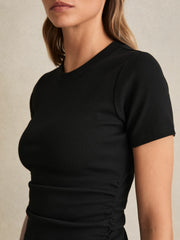 Stretch-Cotton Ruched Ribbed T-Shirt Black | Womens