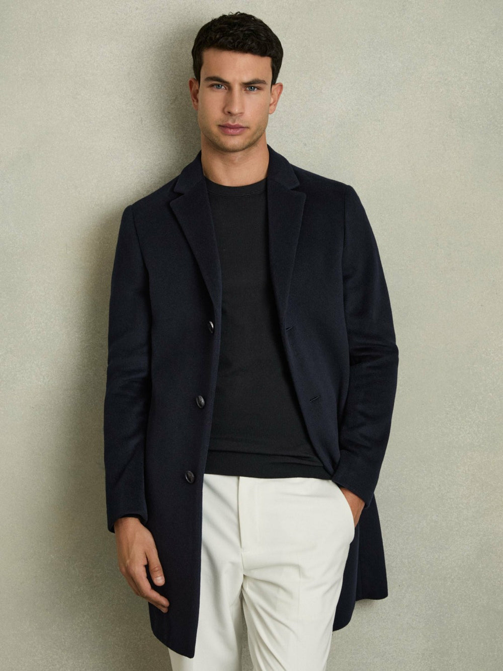 Wool Blend Single Breasted Epsom Overcoat Navy | Mens
