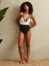 Colourblock Halter Swimsuit White/Tan | Womens