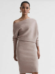 Off-The-Shoulder Ribbed Midi Dress Neutral | Womens