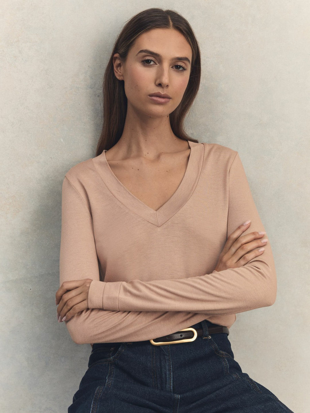 Jersey V-Neck Top Camel | Womens