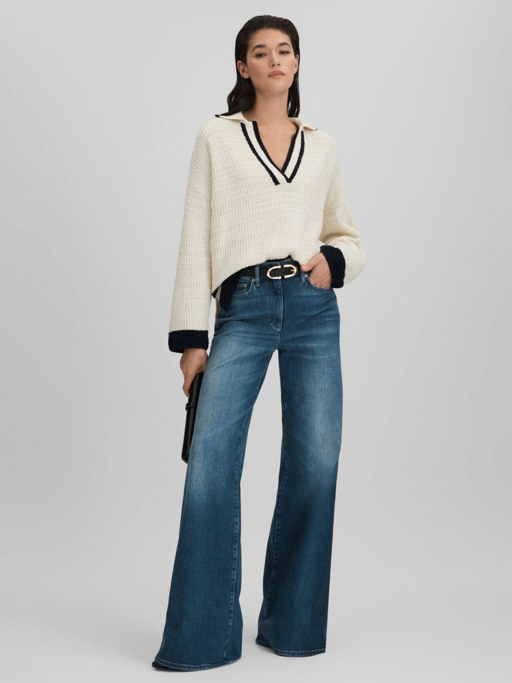 Wool Blend Open Collar Jumper Cream/Navy | Womens