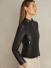 Leather Collarless Biker Jacket Black | Womens
