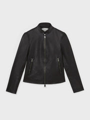 Leather Collarless Biker Jacket Black | Womens