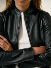 Leather Collarless Biker Jacket Black | Womens