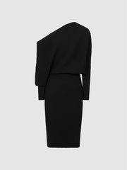 Off-The-Shoulder Ribbed Midi Dress Black | Womens