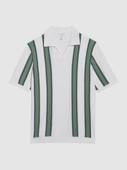 Open Collar Striped Polo T-Shirt White/Sage | Mens