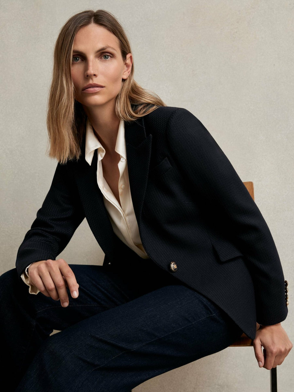 Single-Breasted Textured Blazer Wool-Blend Navy | Womens