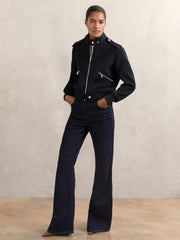 Brushed Wool Epaulette Bomber Jacket Navy | Womens